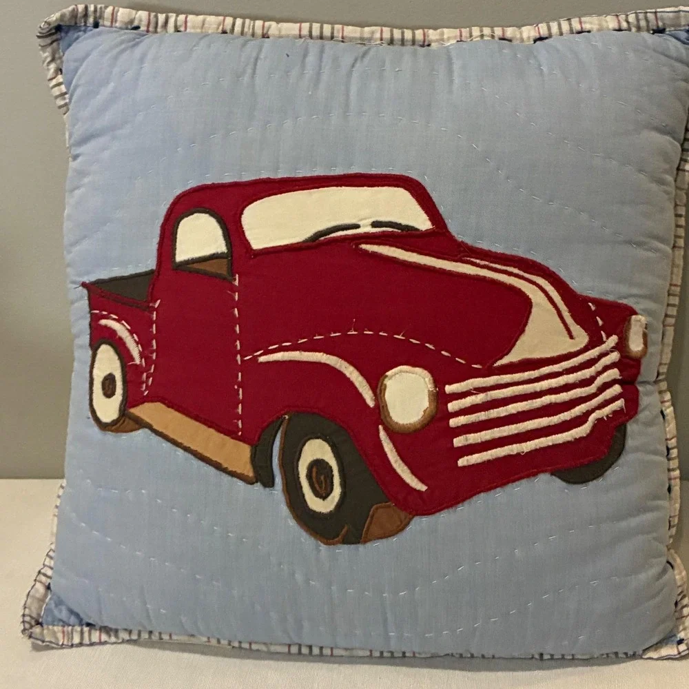Pottery Barn Kids Red‎ Truck Throw Pillow 12x12 Blue Quilted Farmhouse Americana